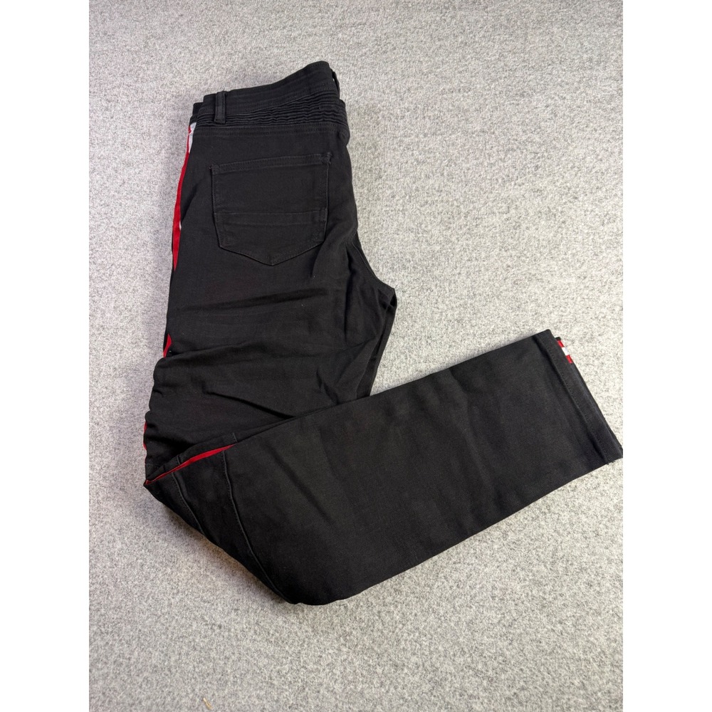 Mens Black Distressed Moto Jeans Red White Side Stripe Slim Fit Size 32 JINBAO